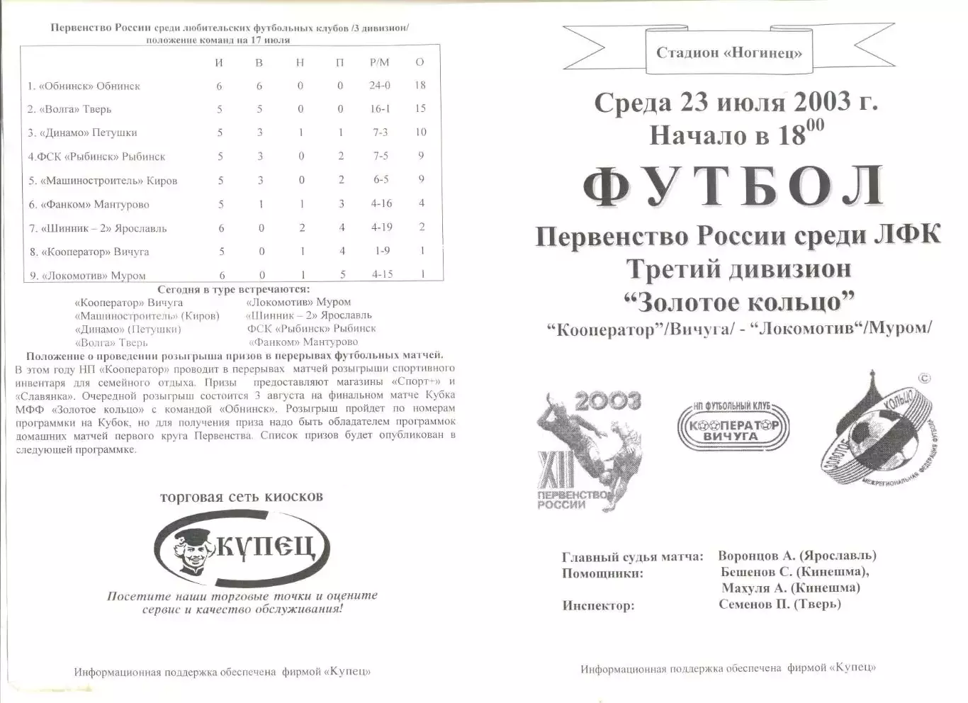 Кооператор Вичуга -Локомотив Муром 23.07.2003 г. МФФ Золотое кольцо.
