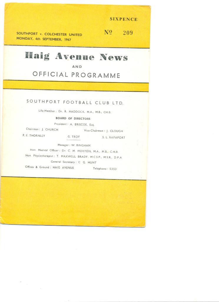 Southport-Colchester United04.09.1967 г. Чемпионат Англии. Третий дивизион.