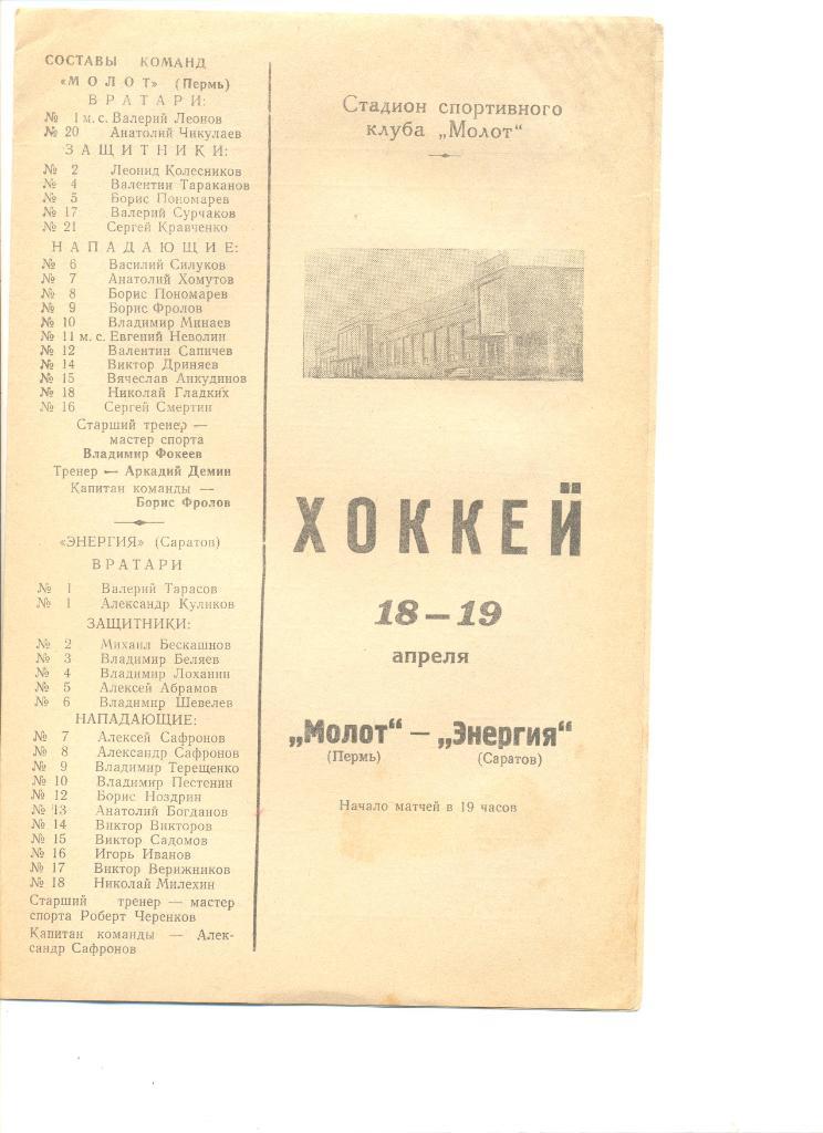 Молот Пермь-Энергия Саратов 18-19.04.1969 г.