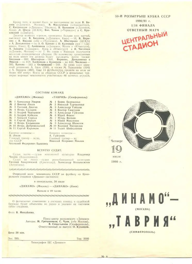 Динамо Москва-Таврия Симферополь 19.07.1990 г. Кубок СССР. Типографский брак.