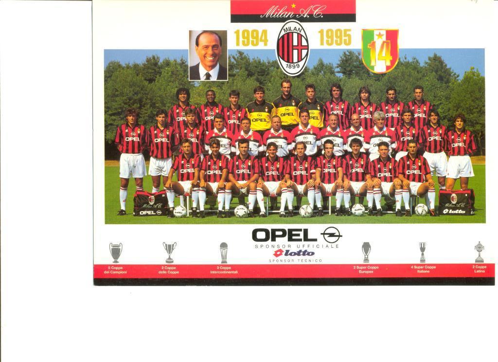 Открытка ФК Милан сезон 1994/95 г.г. Размер 24*17 см.