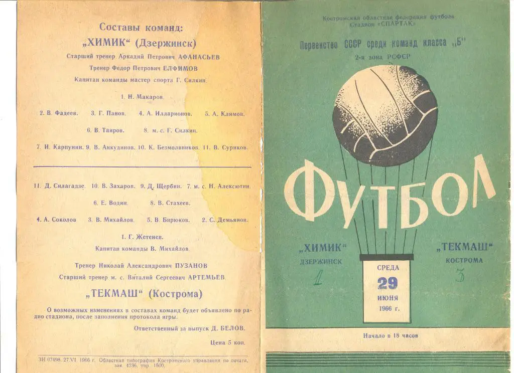 Текмаш Кострома - Химик Дзержинск 29.06.1966 г.