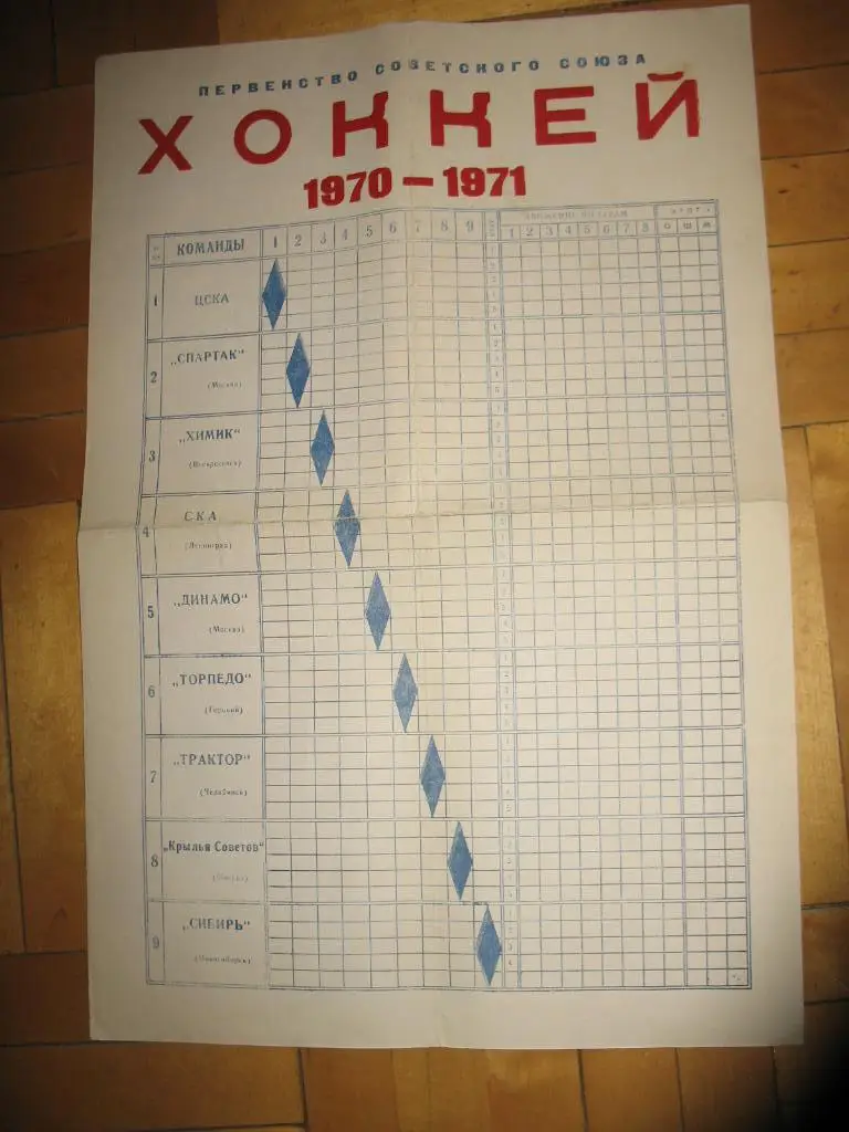 Таблица-календарь Первенство Советского Союза по хоккею1970-1971 г. 45,5*30,5 см