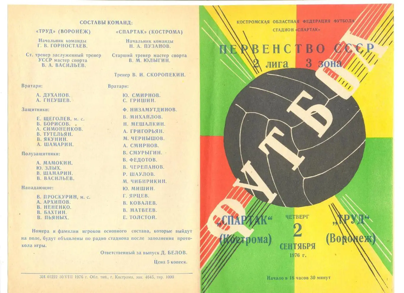 Спартак Кострома - Труд Воронеж 02.09.1976 г.