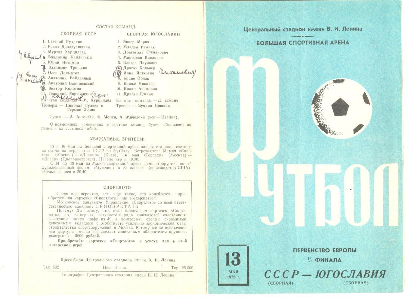 СССР - Югославия 13.05.1972 г. Первенство Европы 1/4.