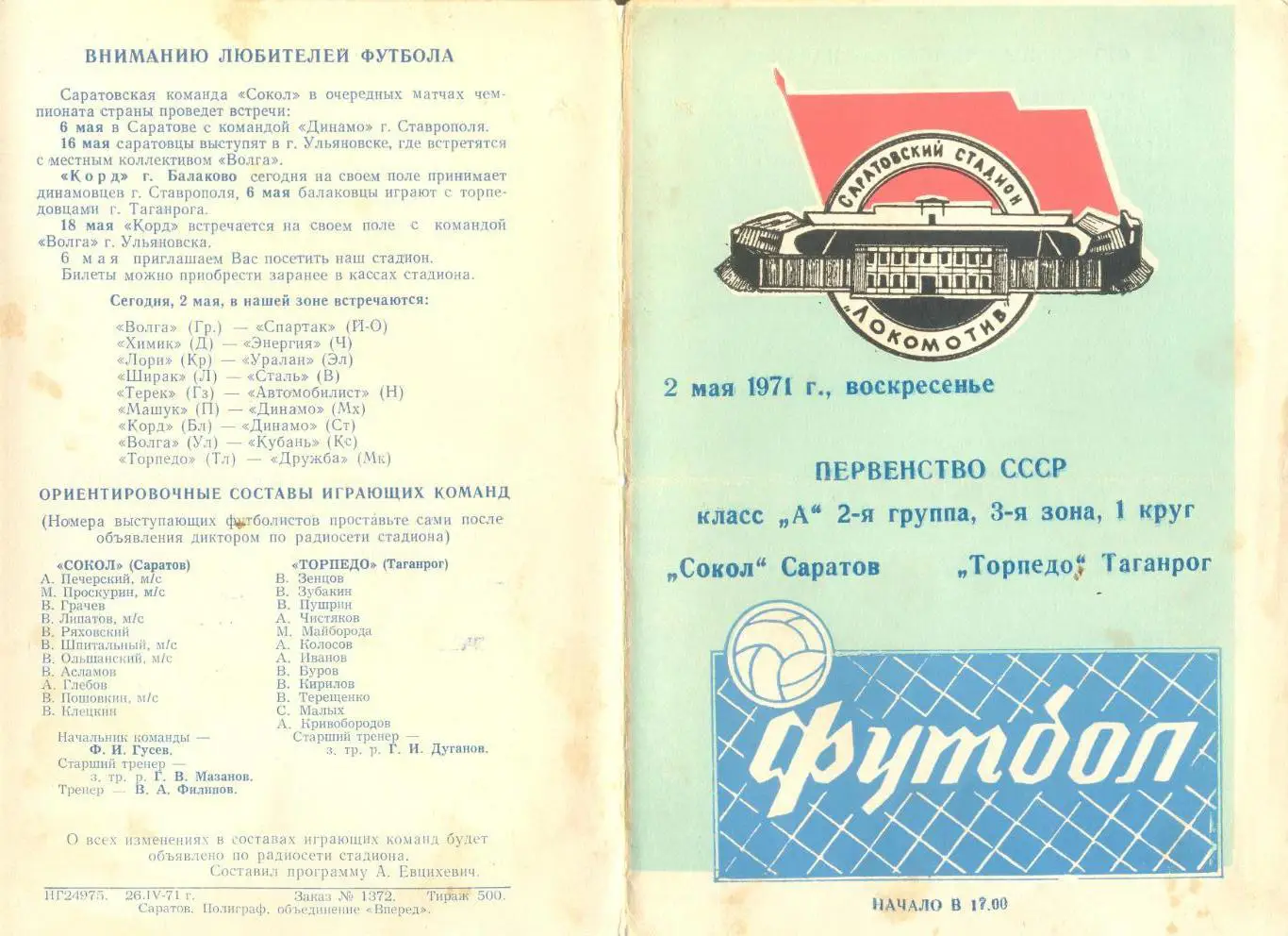 Сокол Саратов - Торпедо Таганрог 02.05.1971 г.