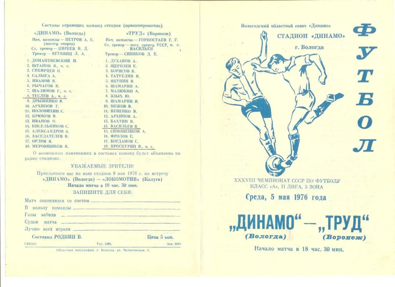 Динамо Вологда - Труд Воронеж 05.05.1976 г.