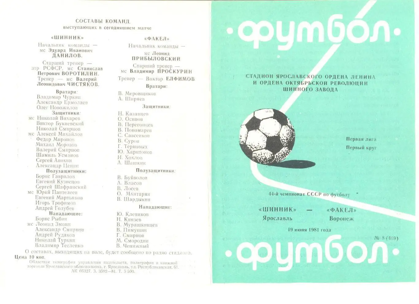 Шинник Ярославль - Факел Воронеж 19.06.1981 г.