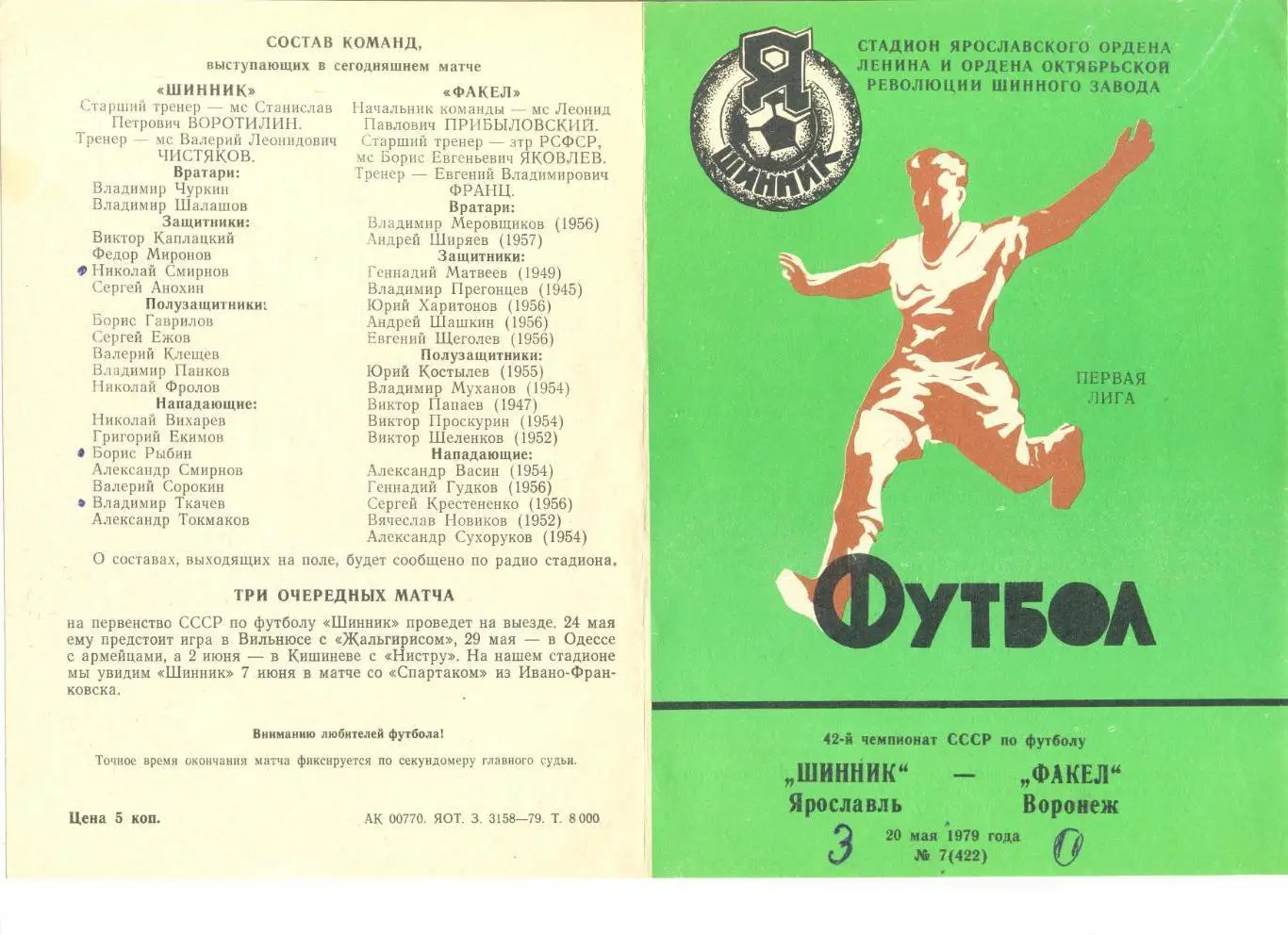 Шинник Ярославль - Факел Воронеж 20.05.1979 г.