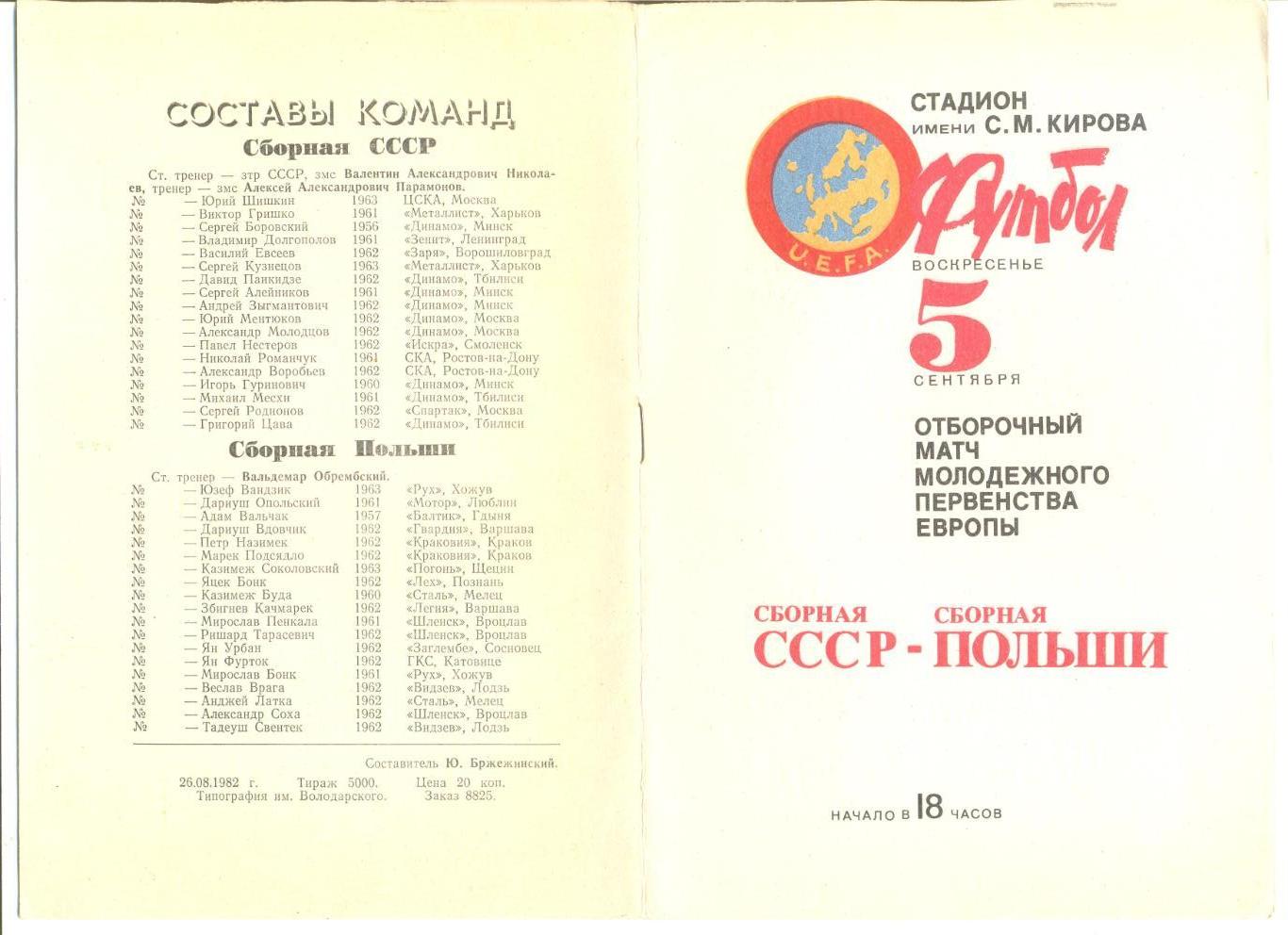 СССР молодежная - Польша молодежная 05.09.1982 г. Чемпионат Европы отбор. матч.