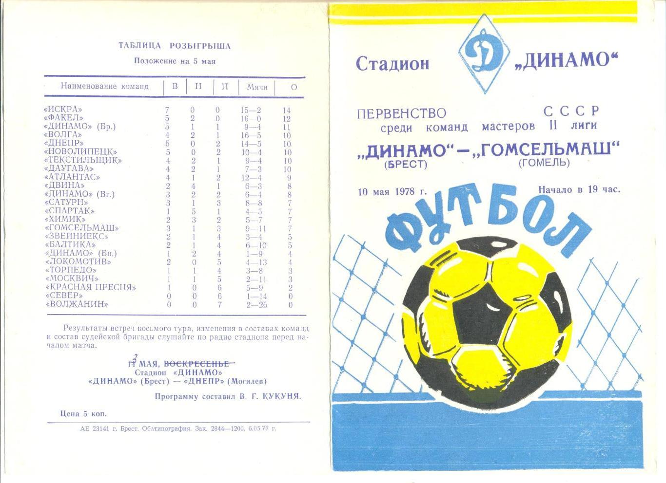 Динамо Брест - Гомсельмаш Гомель 10.05.1978 г.