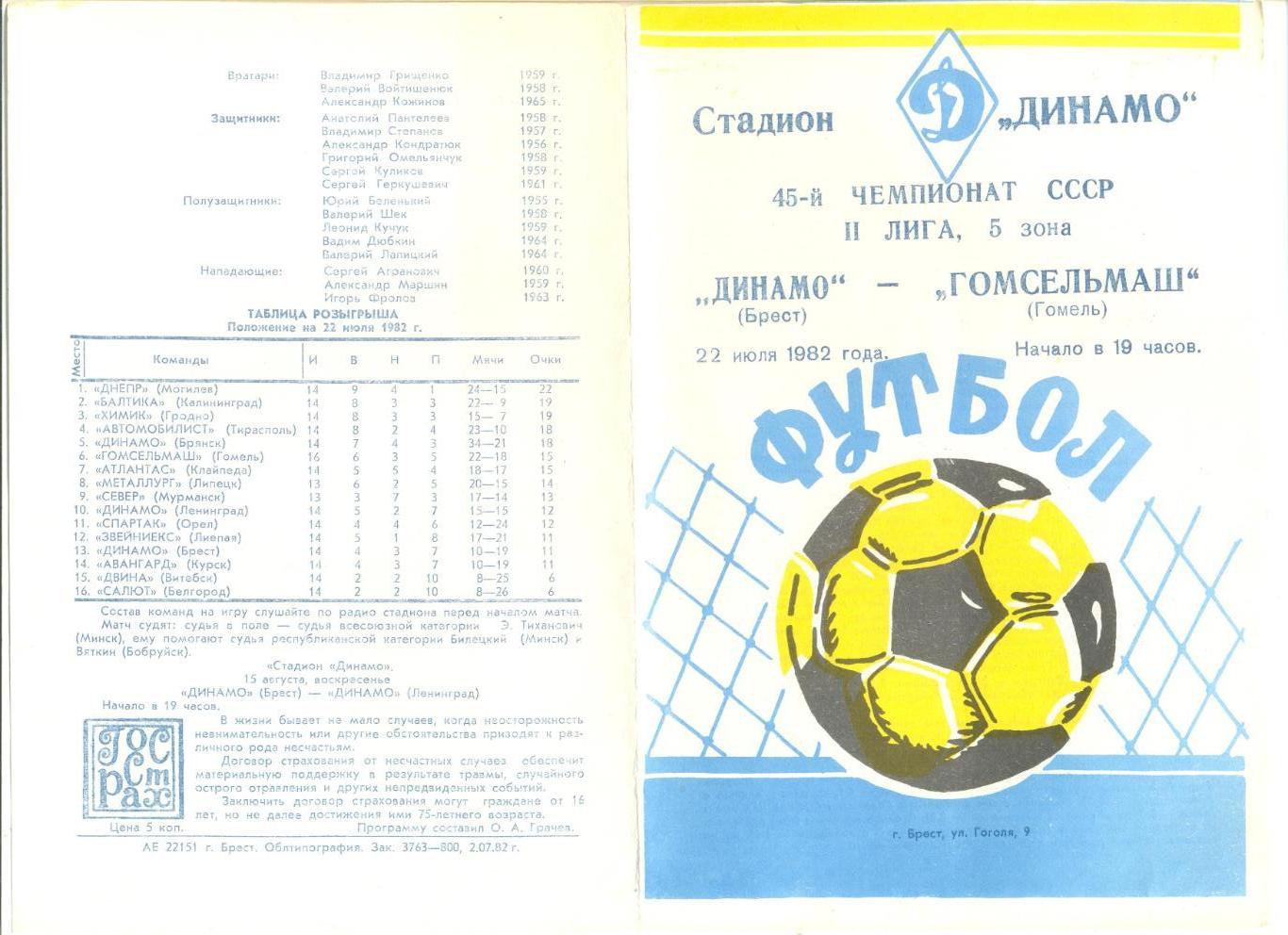 Динамо Брест - Гомсельмаш Гомель 22.07.1982 г.