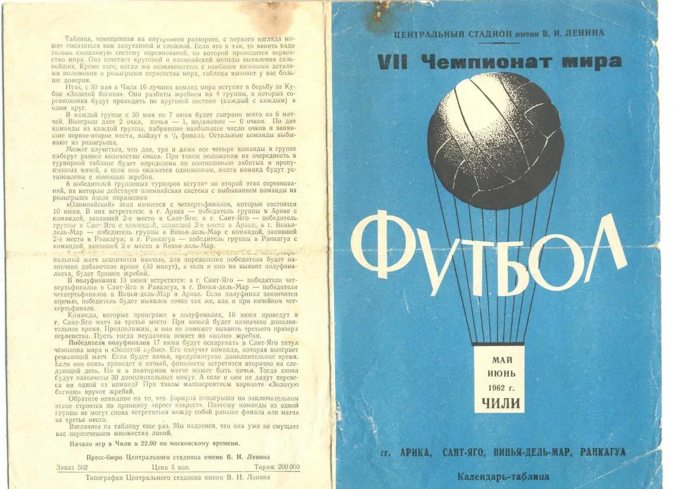7-й Чемпионат мира в Чили 1962 г. Календарь-таблица. Лужники.
