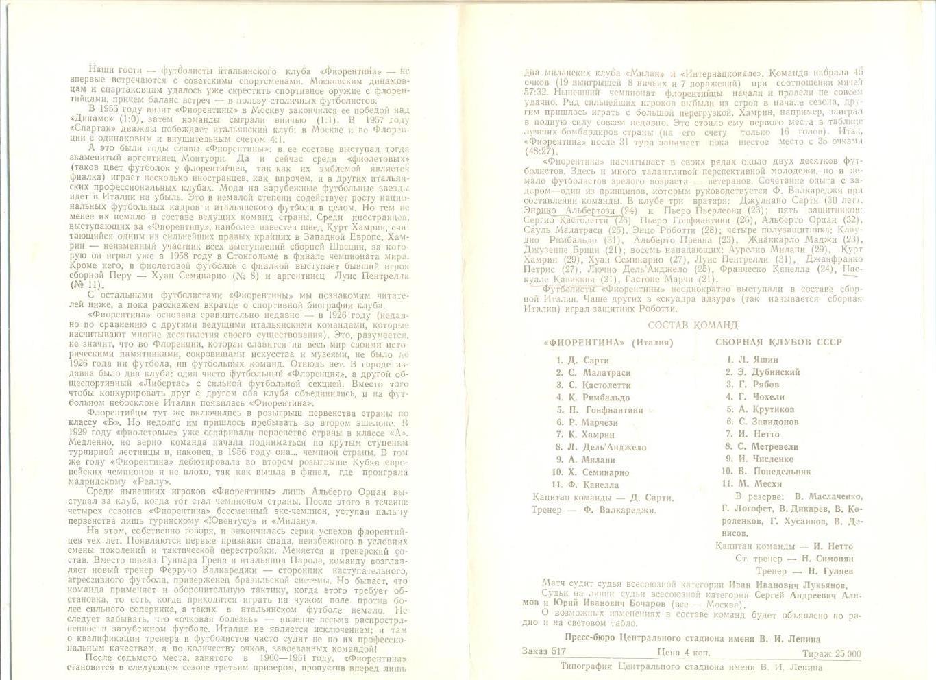 Фиорентина Италия - сборная клубов СССР 10.05.1963 г. Товарищеский матч. 1