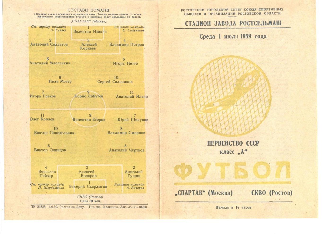 Спартак Москва - СКВО Ростов-на-Дону 01.07.1959 г. Копия.