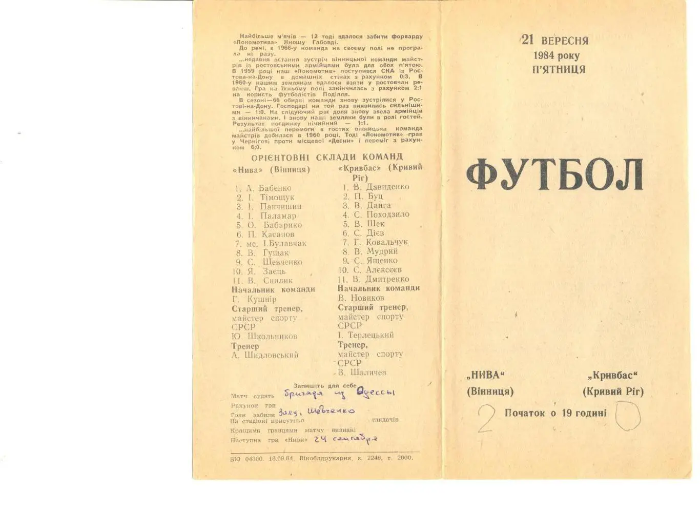 Нива Винница - Кривбасс Кривой Рог 21.09.1984 г.