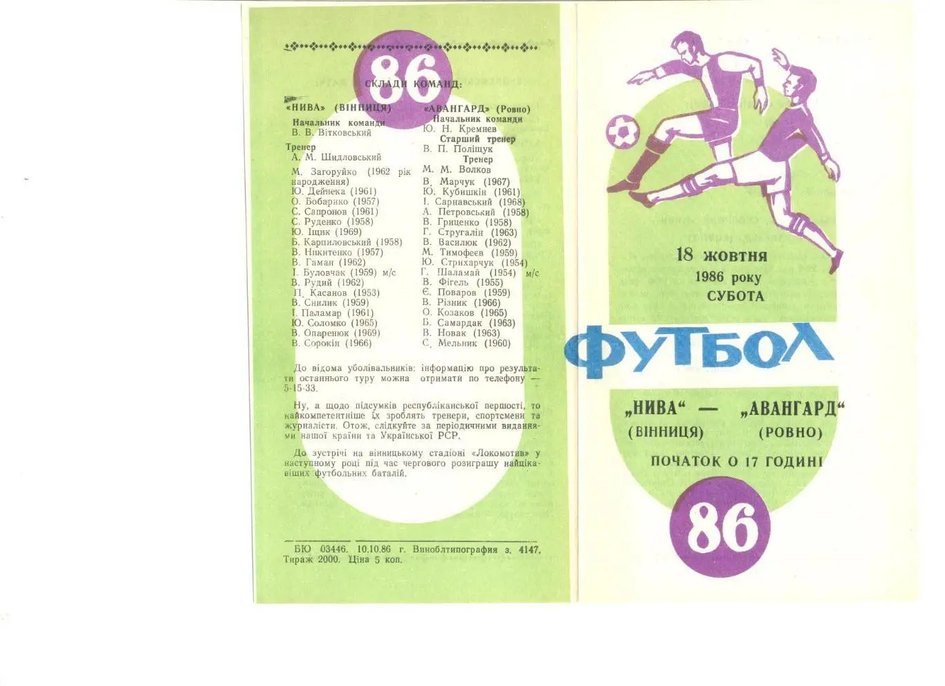 Нива Винница - Авангард Ровно 18.10.1986 г.