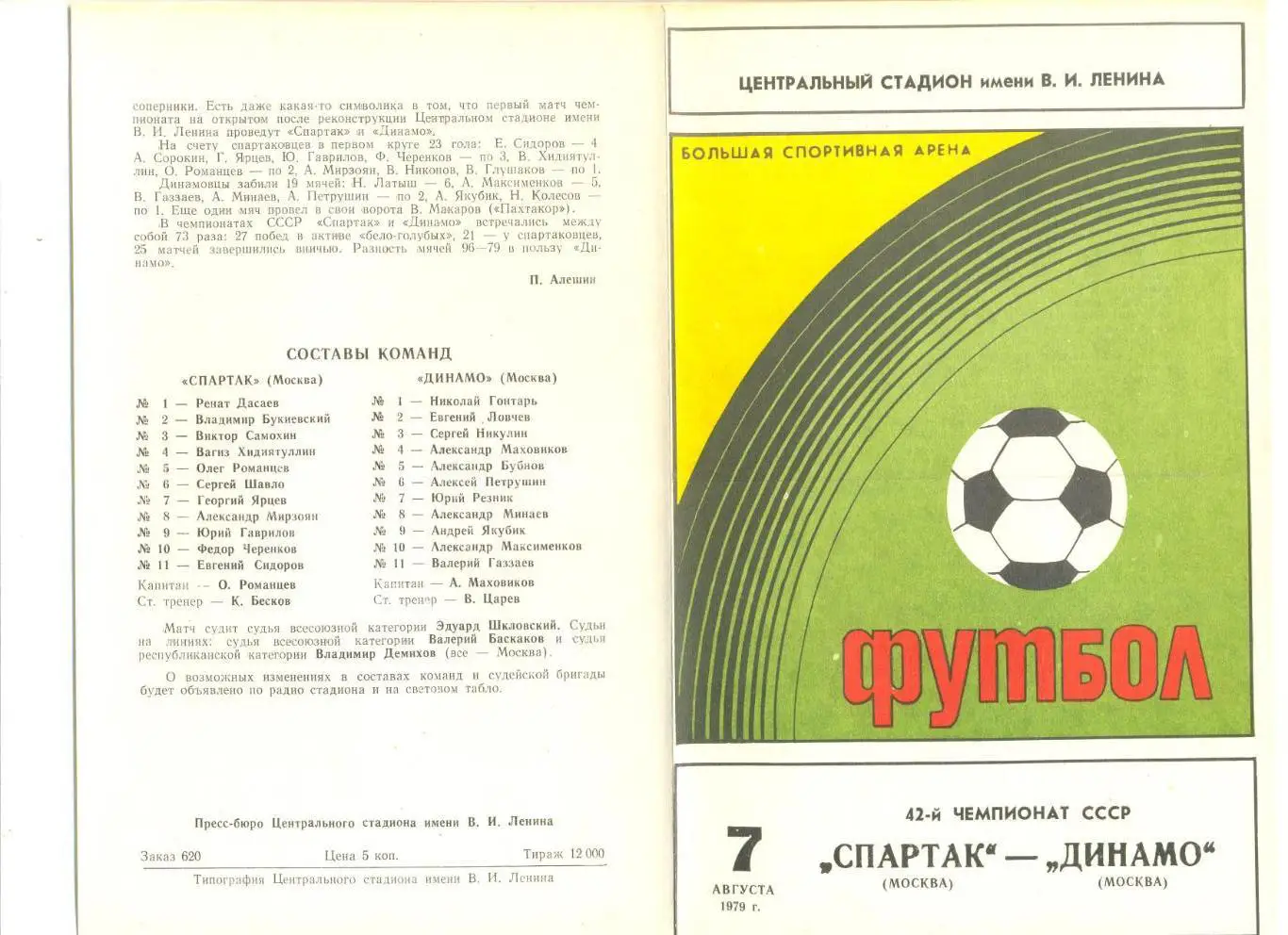 Спартак Москва - Динамо Москва 07.08.1979 г.