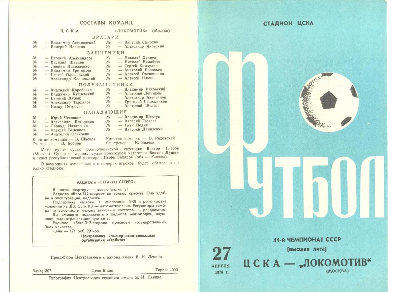 ЦСКА Москва - Локомотив Москва 27.04.1978 г.