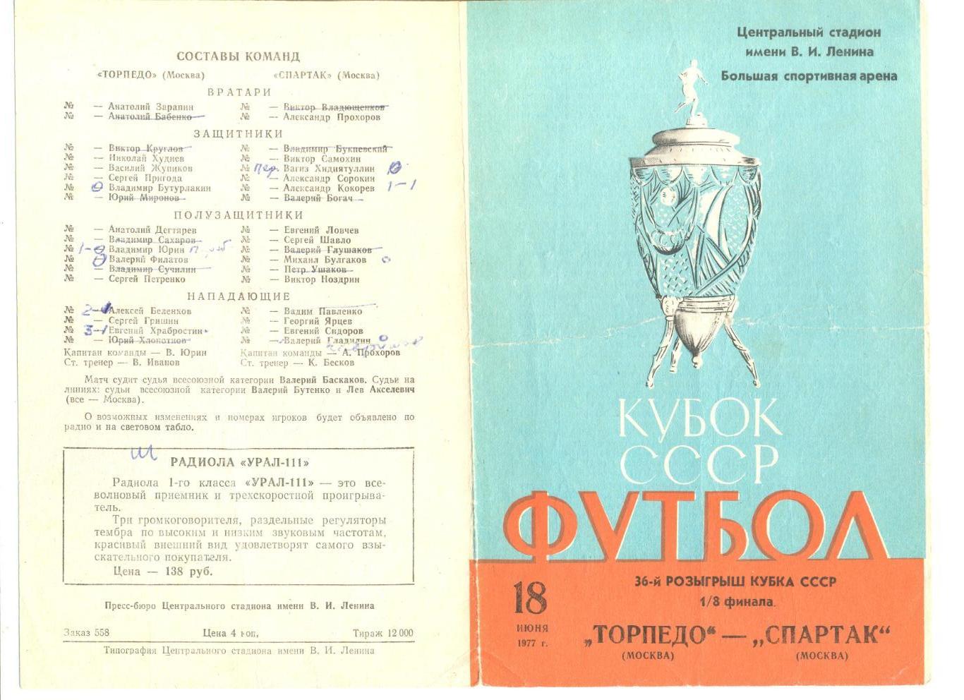 Торпедо Москва - Спартак Москва 18.06.1977 г. Кубок СССР 1/8.