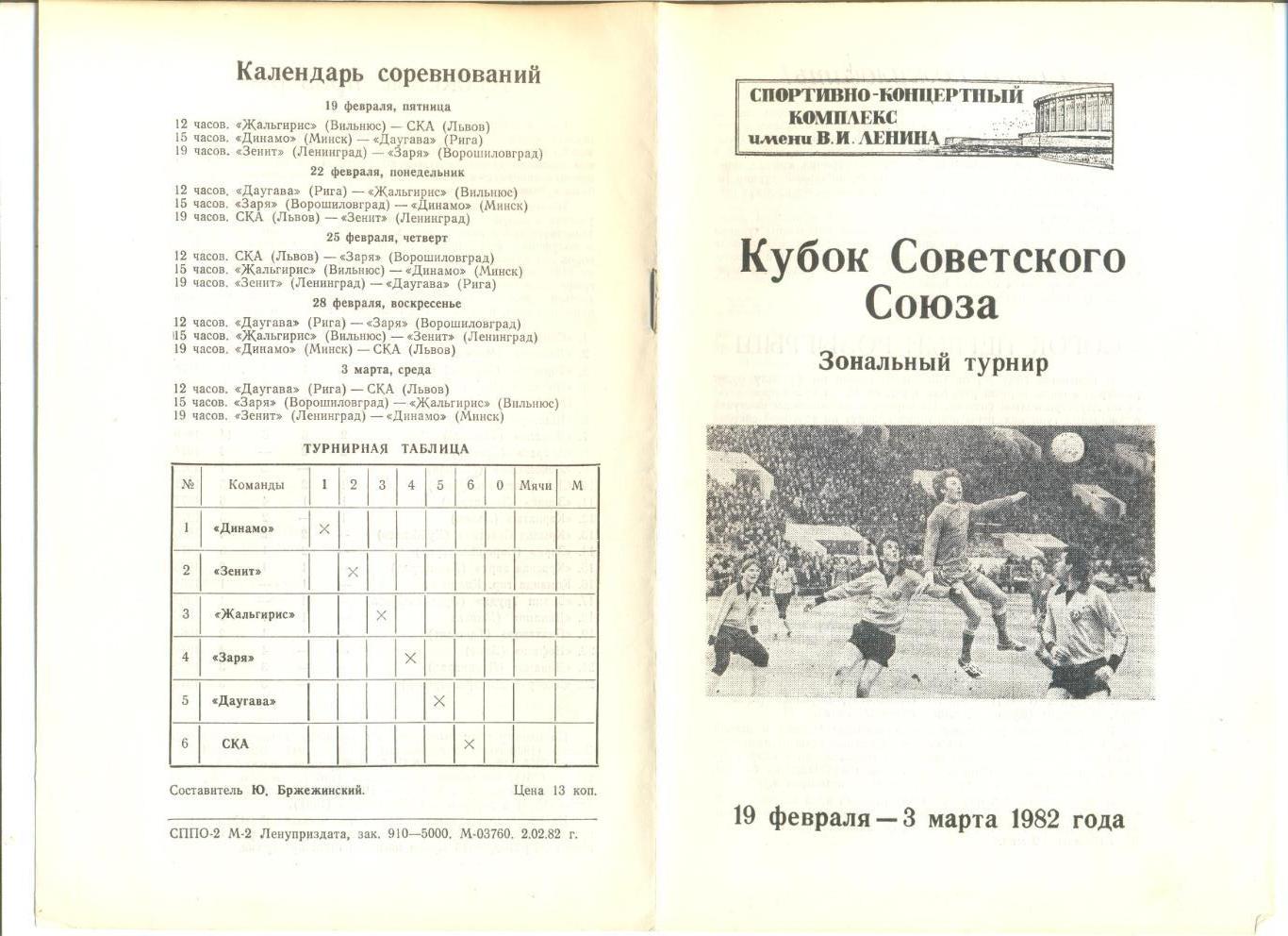 Кубок СССР 19.02-03.03.1982 г. Зональный турнир. Ленинград. Участники на скане.