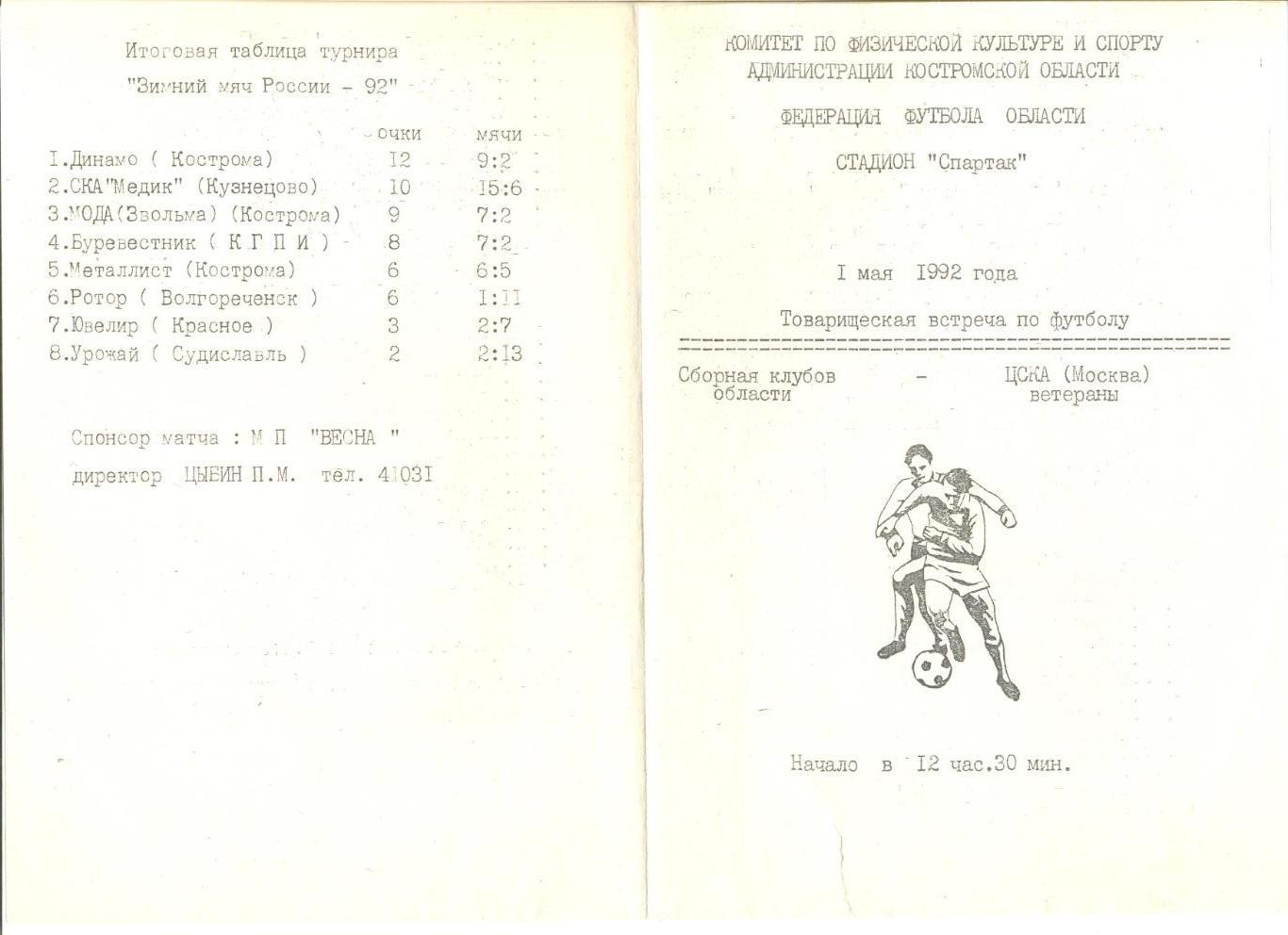 Сборная клубов костромской области - ЦСКА (ветераны) 01.05.1992 г. Кострома.