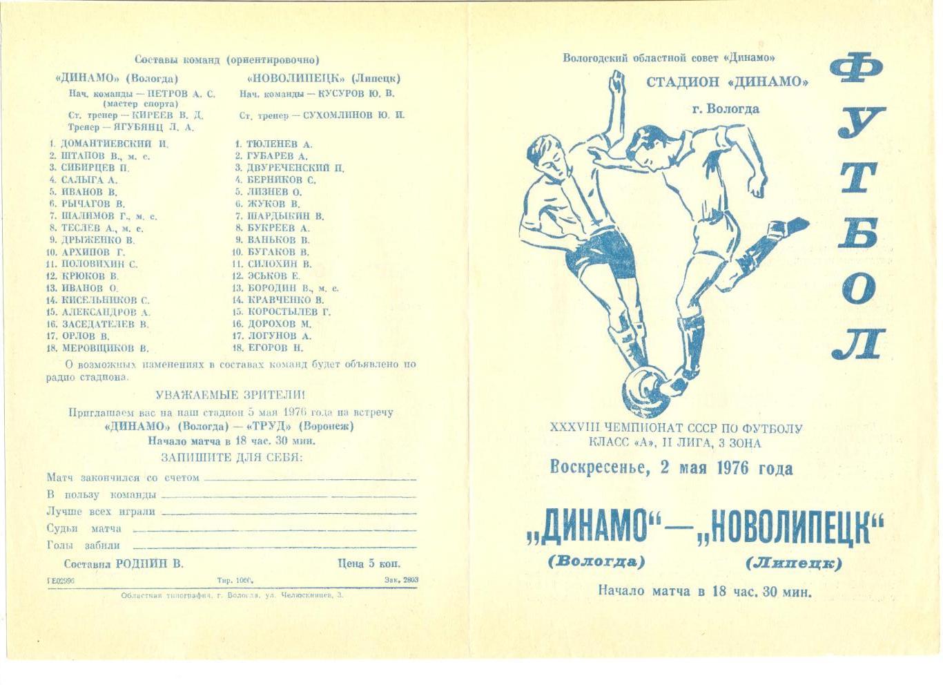 Динамо Вологда - Новолипецк Липецк 02.05.1976 г.