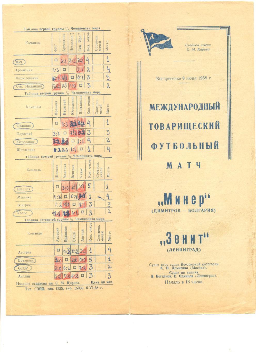 Зенит Ленинград - Минер Димитров, Болгария 09.06.1958 г.