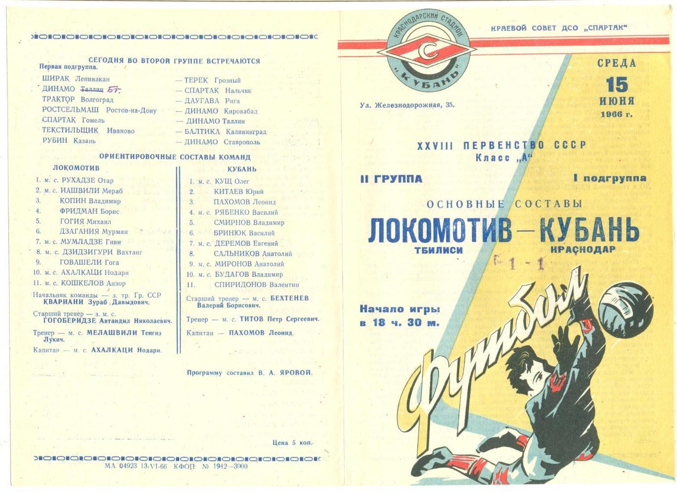 Кубань Краснодар - Локомотив Тбилиси 15.06.1966 г. Основные составы.