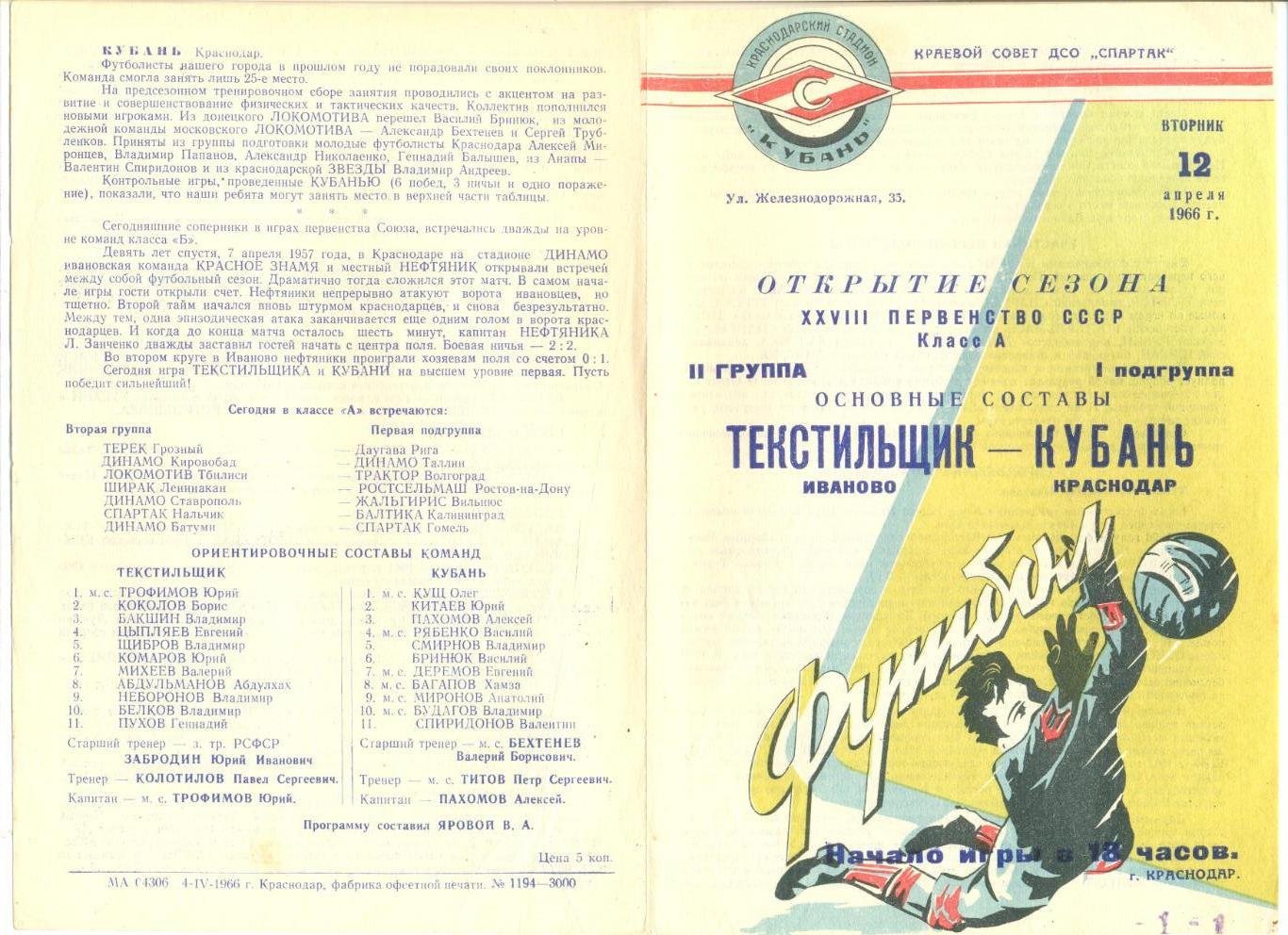 Кубань Краснодар - Текстильщик Иваново 12.04.1966 г. Основные составы.