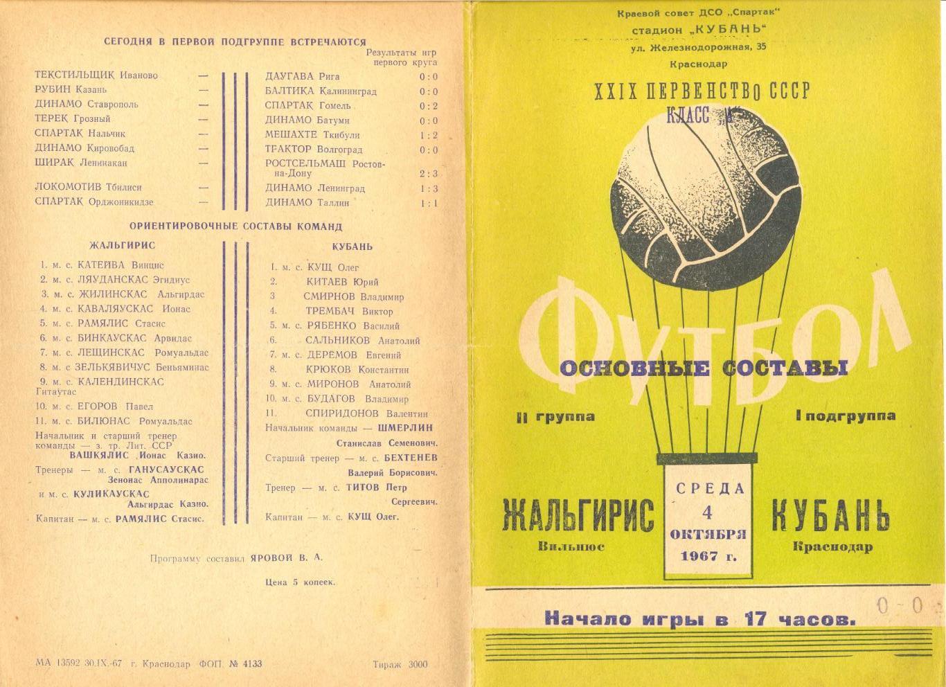 Кубань Краснодар - Жальгирис Вильнюс 04.10.1967 г.