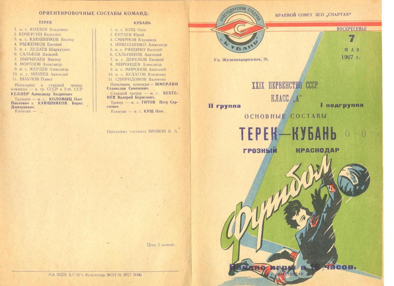 Кубань Краснодар - Терек Грозный 07.05.1967 г. Основные составы.