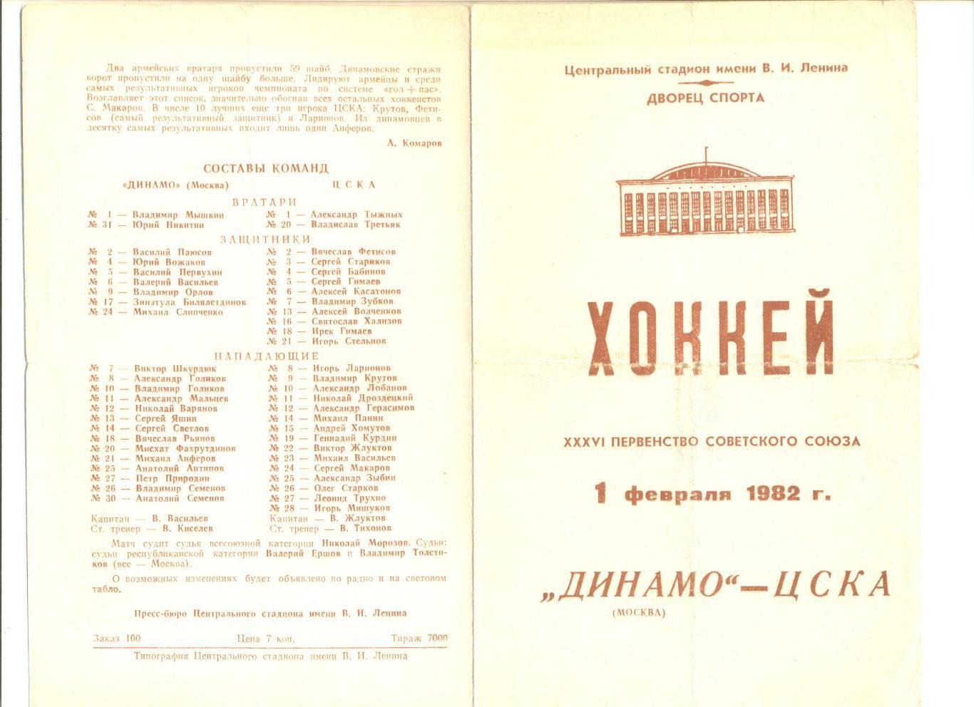 Динамо Москва - ЦСКА Москва 01.02.1982 г.