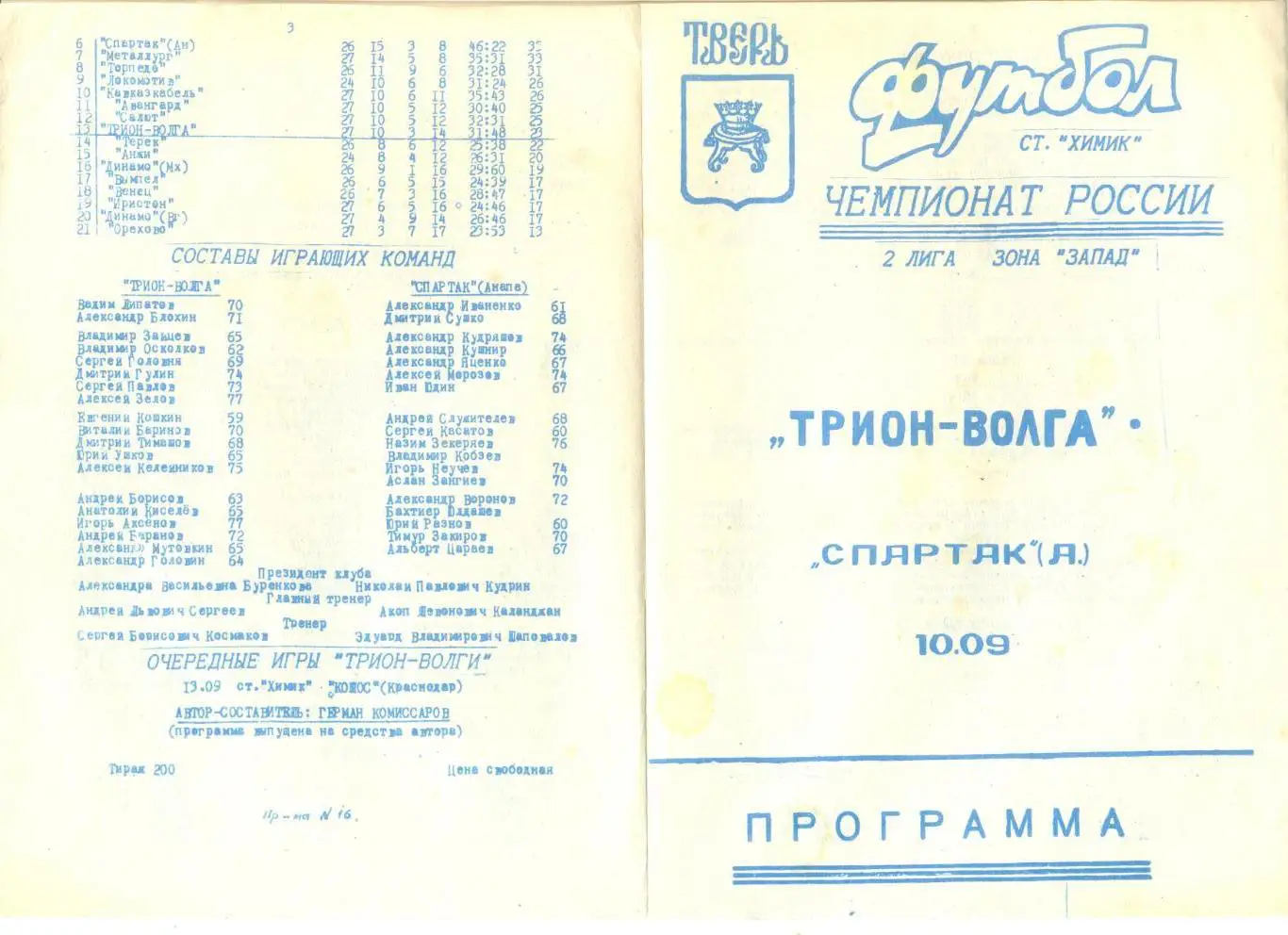 Трион-Волга Тверь - Спартак Анапа 10.09.1994 г.