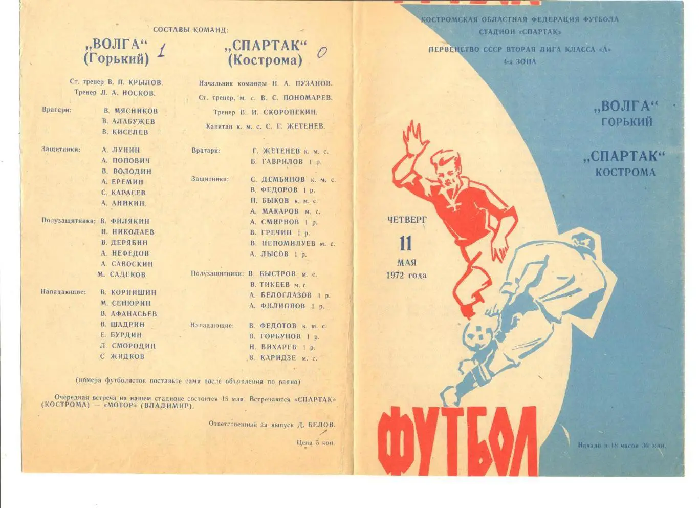 Спартак Кострома - Волга Горький 11.05.1972 г.