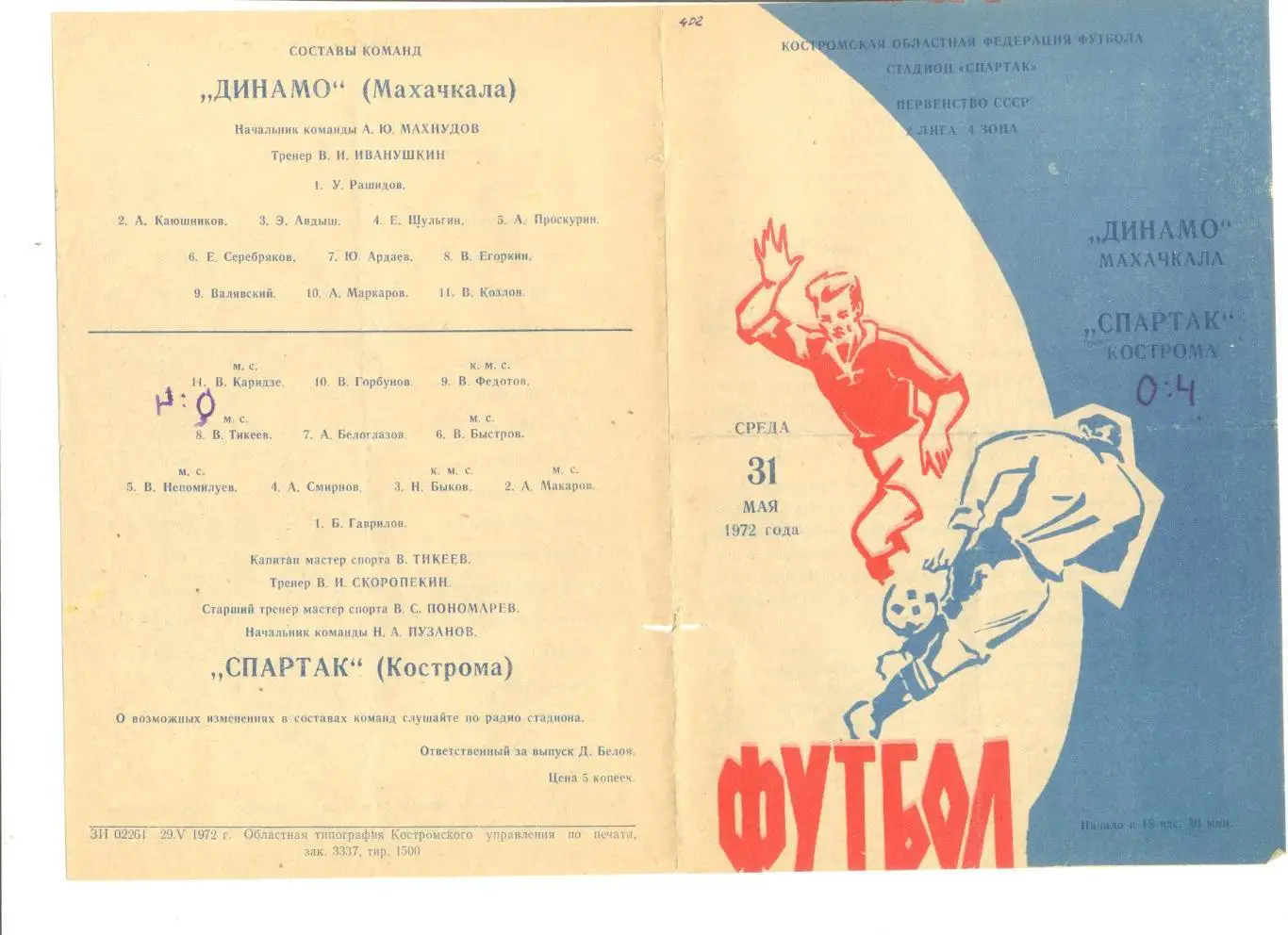 Спартак Кострома - Динамо Махачкала 31.05.1972 г.