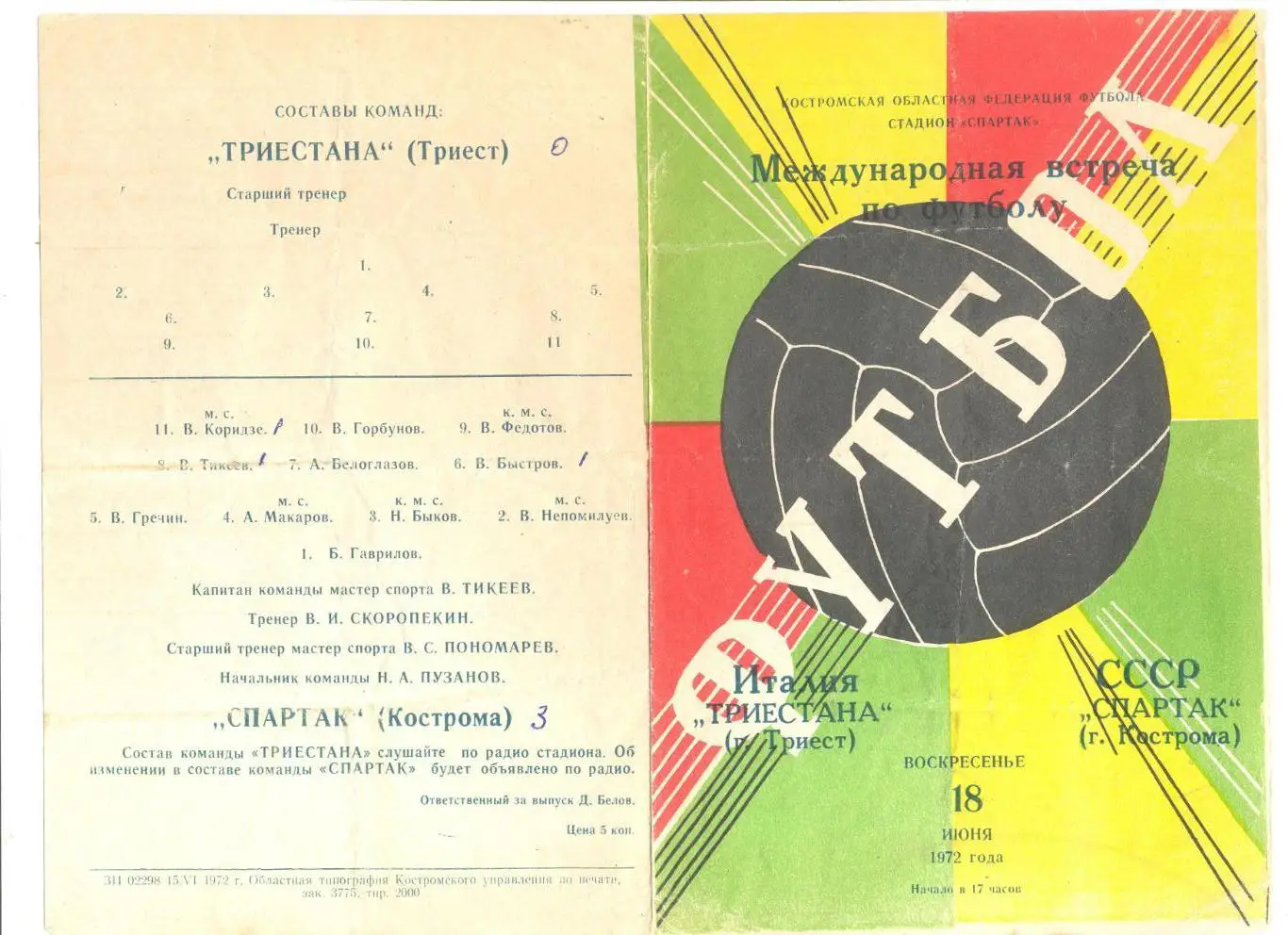 Спартак Кострома - Триестана Триест, Италия 18.06.1972 г. Товарищеский матч.