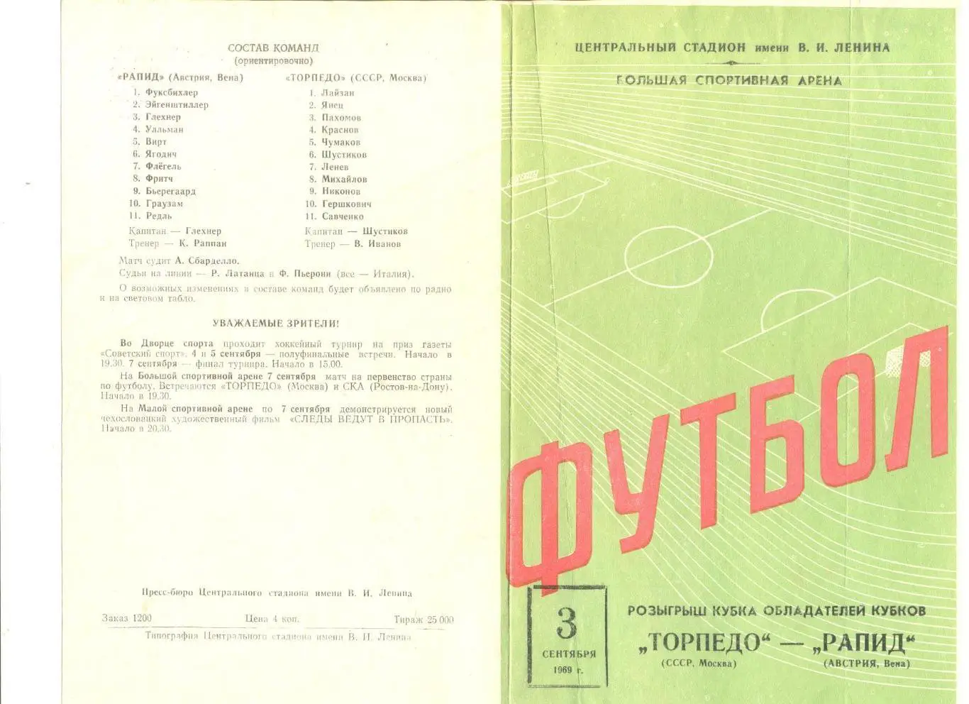 Торпедо Москва - Рапид Вена 03.09.1969 г. Кубок обладателей кубков.