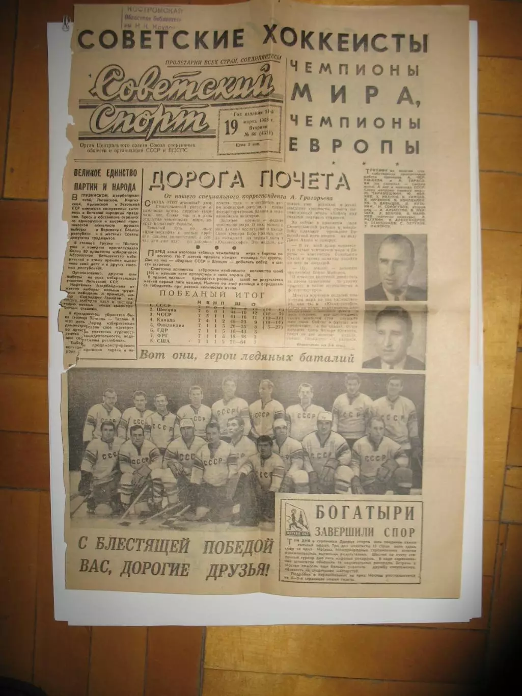 Статья Советские хоккеисты - чемпионы мира и Европы 1963 г. Сов.спорт 19.03.63