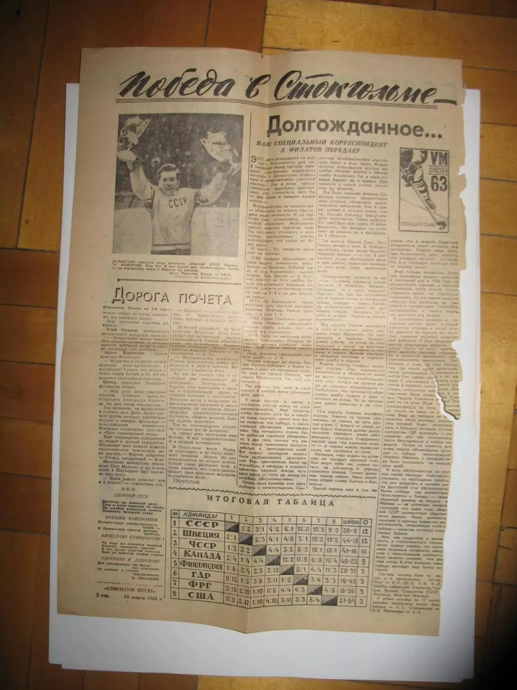 Статья Советские хоккеисты - чемпионы мира и Европы 1963 г. Сов.спорт 19.03.63 1