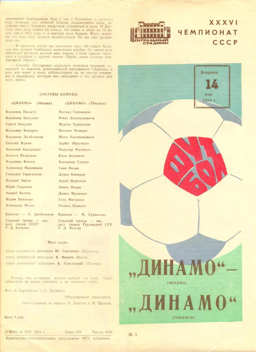Динамо Москва - Динамо Тбилиси 14.05.1974 г.