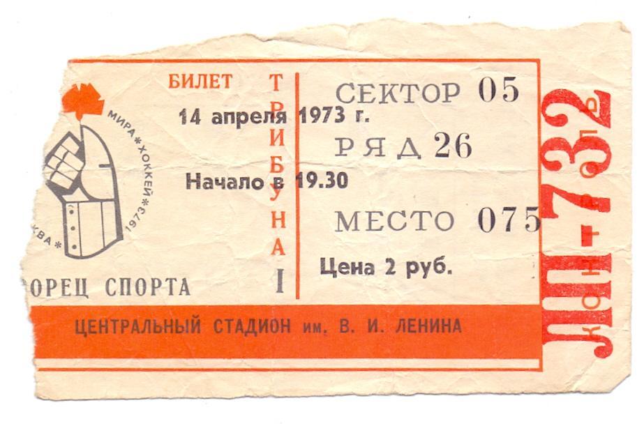 Билет на матч Чемпионата мира по хоккею. 14 апреля 1973 г.