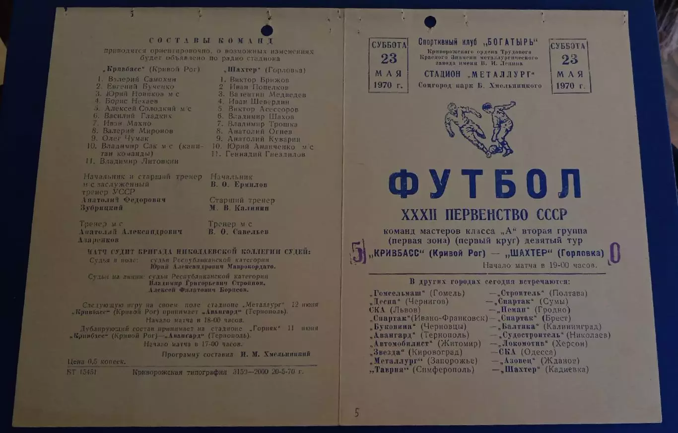 Кривбас-Шахтер Горловка 23.05.1970 г.
