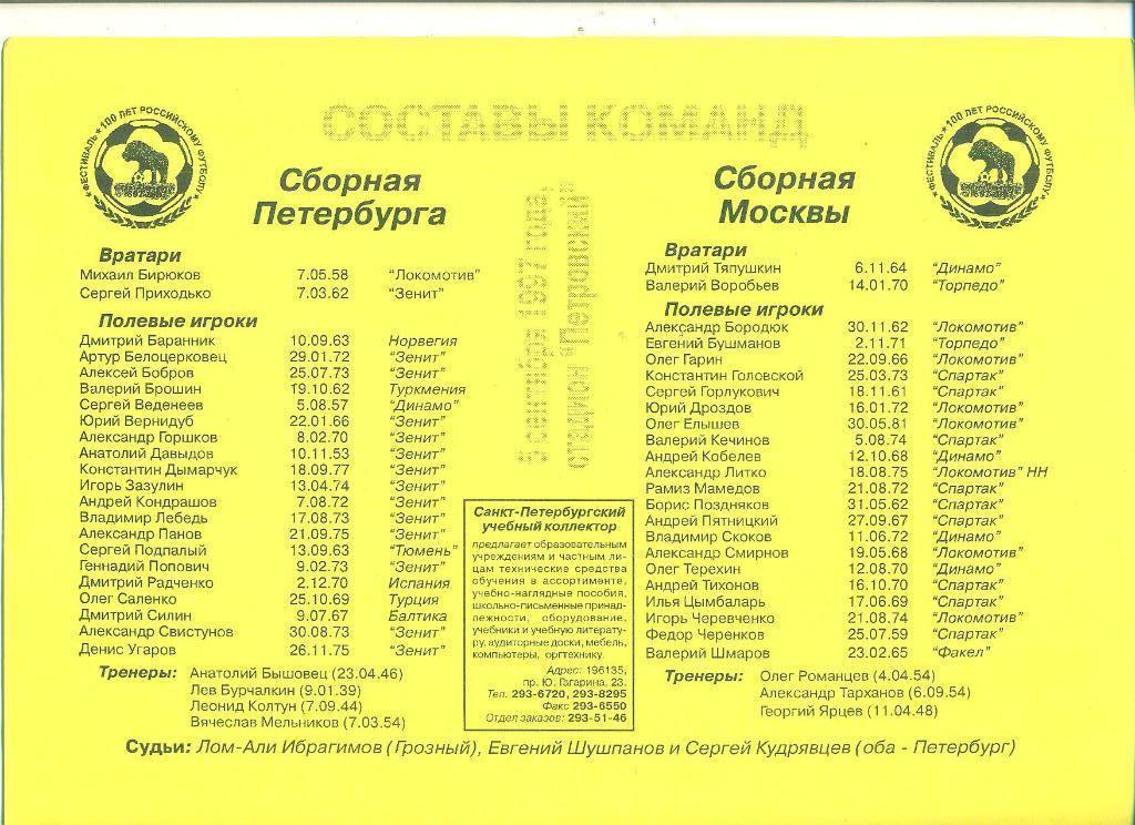 Москва Санкт-Петербург 1997 100 лет Российскому футболу Россия 1