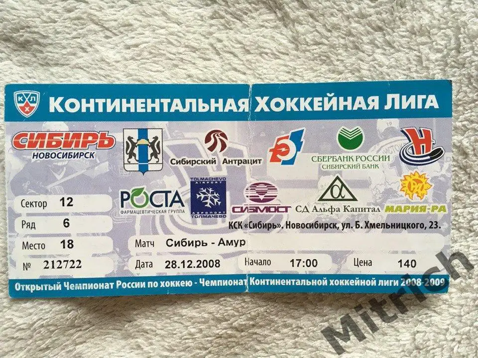 БИЛЕТ Сибирь Новосибирск - Амур Хабаровск 28.12.2008