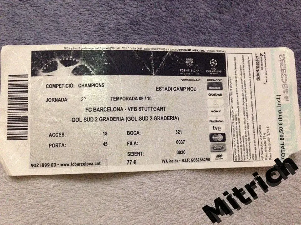 БИЛЕТ Барселона Испания - Штуттгарт Германия. ЛЧ 2009/2010, 1/8 финала