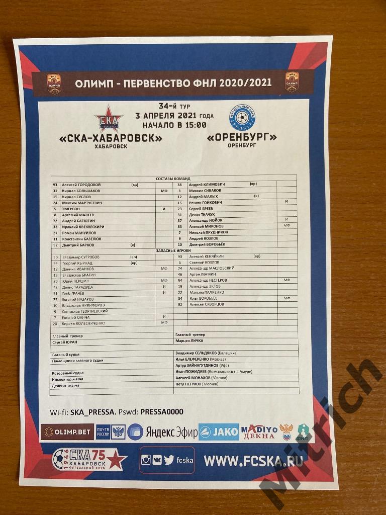 Протокол СКА Хабаровск - ФК Оренбург 2020 / 2021