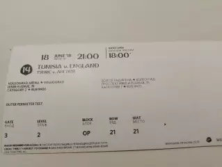 Билет с матча Тунис/Англия 2018год.Волгоград.