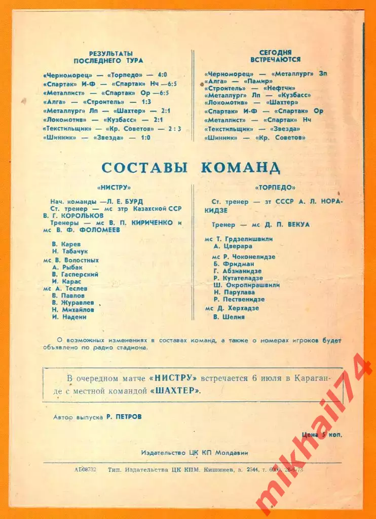 Нистру Кишинев - Торпедо Кутаиси1973г. 1