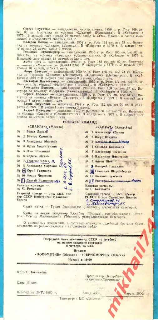 Спартак Москва - Кайрат Алма-Ата 1980г. 1